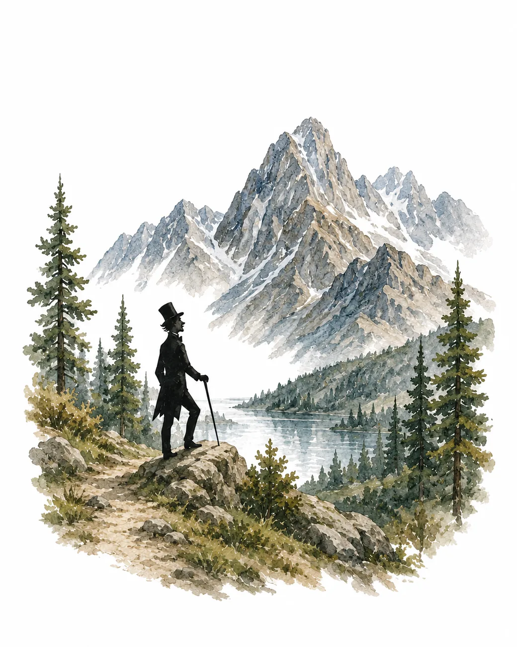 Illustration: the flâneur at the mountain lake
